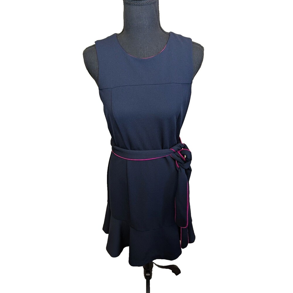 Eliza J Mini Dress Navy Blue Pink Contrast Belt Classic Business Casual Size 4